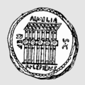 Image of the façade of the Basilica Aemilia, on a Roman coin minted by Marcus Aemilius Lepidus in 61 BC