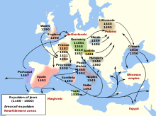 map of Europe from 1100 to 1600 showing where and when Jews were expelled and exciled
