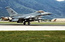 An F-16C Fighting Falcon of the 31st Fighter Wing landing upon returning from an air-strike against the Bosnian Serbs during Operation Deliberate Force in 1995