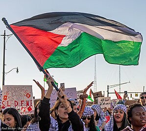 A woman waving a Palestinian flag at a protest.