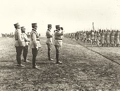 King Ferdinand with Prince Carol and General Eremia Grigorescu carrying out an inspection of the troops after taking the oath in the summer of 1917