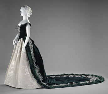 Court dress designed for the Imperial Russian Court, about 1888. Green velvet and silver moiré.