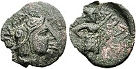 Kujula Kadphises coin. Obv Helmeted soldier head right. Rev Warrior standing right, holding shield and spear.