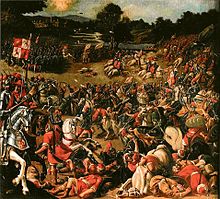A battle scene with cavalry and foot soldiers in the foreground.