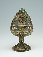 Lidded incense burner (xianglu) with geometric decoration and narrative scenes. Han dynasty, 2nd century BCE
