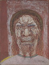 In rötlichen Farben wird das frontale Gesicht eines Mannes mit langen Haaren, einem Vollbart und einem angedeuteten Heiligenschein gezeigt. Es ist vor Schmerz verzerrt und zeigt tiefe Einkerbungen und Furchen.