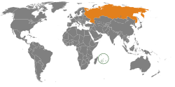 Map indicating locations of Mauritius and Russia