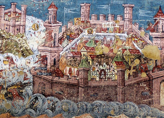 Fresko eines unbekannten Künstlers an der Kirche des Klosters Moldovița, das die Eroberung von Konstantinopel darstellt, 1537