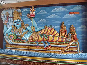 Vishnu, the supreme god of Hinduism, is often portrayed as being blue, or more precisely having skin the colour of rain-filled clouds.