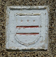 Washington family coat of arms above entrance at Sulgrave Manor, Northamptonshire, England, built by Robert Washington in 1540s