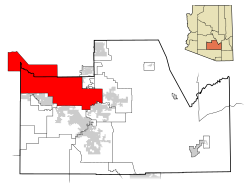 Location of Gila River Indian Community in northwestern Pinal County, Arizona. The Phoenix metropolitan area is located north of the reservation.