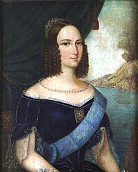 A half-length painted portrait of a young woman with light brown hair, small mouth, petite nose, very small waist, and large, widely spaced eyes. In the background is a drawn drape revealing a bay with an erupting volcano behind.