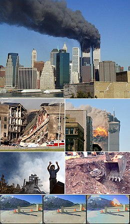 Bildbeschreibung von oben nach unten und links nach rechts: 1. Die brennenden Twin Towers des World Trade Centers 2. Eingestürztes Gebäudeteil des Pentagons 3. Flug 175 schlägt um 9:03 Uhr im Südturm (WTC 2) ein 4. Ein Feuerwehrmann des FDNY bittet am Ground Zero um Hilfe 5. Triebwerkbergung von Flug 93 in der Nähe von Shanksville 6.–8. Aufnahmen vom Einschlag ins Pentagon