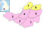Map of districts of Somerset. North Somerset and Bath and North East Somerset are shown in yellow, while the other districts are in pink.