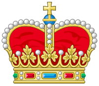 Fürsten crown used in heraldry, borne above the coat of arms to indicate a principality ruled.[4] The Fürsten crown, sometimes placed together with a mantle, is not always found on a Fürstenhaus (princely house) coat of arms; these adornments were not part of formal armorial protocols, but simply heraldic grace.[4]