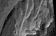 Close view of layers, as seen by HiRISE under HiWish program. Rectangle shows the size of a football field for scale.