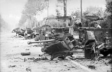 Several wrecked vehicles along the verge of a tree- and hedge-lined road. A destroyed gun, twisted metal and debris occupy the foreground.