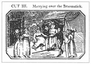 Woodcut of a broomstick wedding