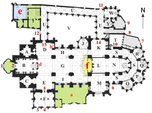 Ground plan c. 1761 Letters = Rooms, Numbers = Passageways. Green = Rooms which no longer exist; Yellow = former Apostelgang Blue = former Old Cathedral