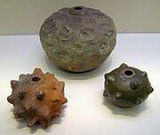 Gunpowder pot and caltrops from the Yuan dynasty.