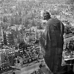 Statue of a woman, overlooking Dresden in 1945