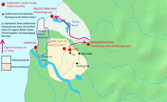 A close-up map of Gowa and Talloq, showing the heartlands of the two kingdoms and an exile route of the founder of Talloq