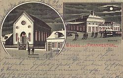 Ansichtskarte von Frankenthal mit Synagoge (versandt 1894)