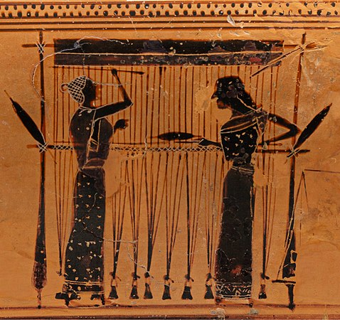 The weaver with her arm behind her back is passing (not throwing) the shuttle through the shed; the weaver reaching upwards is battening the previous weft yarn, beating it against the fell (cloth already woven). Greek urn, ca. 550–530 BCE.