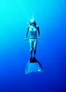 Free-diver with monofin, ascending