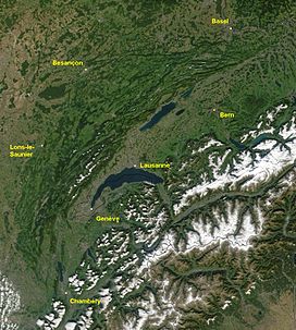 Satellite image of the Jura mountains and Western Alps, including Lake Geneva, with major cities labeled