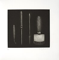 A mezzotint of mezzotint tools. Shirley Jones, A Dark Side of the Sun (1986)