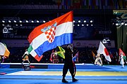 The Croatian flag during the 2015 World Fencing Championships opening ceremony in Moscow.