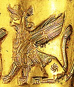 Picture of a Gopat on a golden rhyton from Amarlou, Iran, currently in the National Museum of Iran