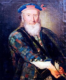 Elderly man in a doublet of tartan that is predominantly blue and green with some reddish-brown; he wears a Scottish blue bonnet with red trim and cockade, and holds a flintlock pistol