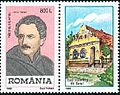 Briefmarke Rumänien, 1998: links Nikolaus Lenau, Dichter, geboren 1802 in Lenauheim. Rechts im Bild ein schwäbisches Haus im Banat.