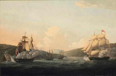 The capture of the 32-gun French frigate Amiable and the corvette Ceres after their encounter with Sir Samuel Hood in the Barfleur, with the Valiant and the Magnificent, in the Mona Passage, 19 April 1782