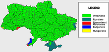 Eine graphische Landkarte mit der größten Ethniengruppe der Ukrainer in grün markiert. Am Rand sind in anderen Farben noch Russen, Rumänen, Bulgaren und Ungarn markiert. Die Legende befindet sich oben rechts.