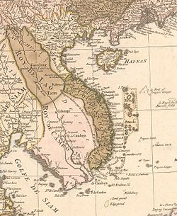 an 18th-century map of Vietnam, showing the Trịnh-controlled Tonkin (in the North) and the Nguyễn-controlled Cochinchina (in the South)