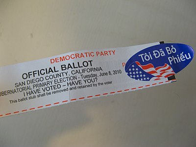 An "I Voted" sticker for voters in San Diego County, California