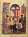 Spassky Gospels, Yaroslavl, 1220s. Compare the arch and curtains with the Chrongraphy of 354; their function now seems lost in this double portrait, whose artist is also unclear how a scroll functions.