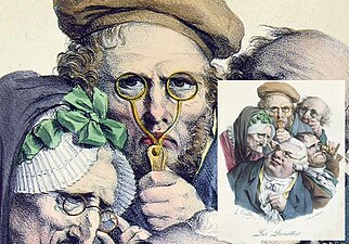 um 1820, Karikatur „Les Lunettes“, Scherenbrille mit Etuigriff