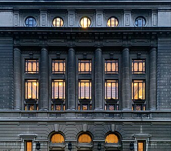 Engaged columns on the Beaux Arts facade of the University of Bucharest on Strada Edgar Quinet, Bucharest, Romania, by Nicolae Ghika-Budești, in collaboration with Duiliu Marcu, 1914-1934[3]