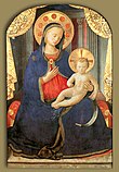 A traditional depiction of Maryby Fra Angelico wearing a blue mantle