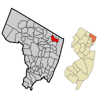 Location of Norwood in Bergen County highlighted in red (left). Inset map: Location of Bergen County in New Jersey highlighted in orange (right).