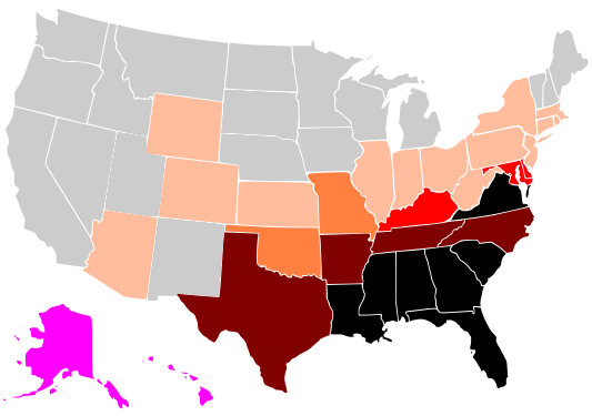 A map of the black percentage of the U.S. population by each state/territory in 1900. Black = 35.0+% Brown = 20.0–34.9% Red = 10.0–19.9% Orange = 5.0–9.9% Light orange = 1.0–4.9% Gray = 0.9% or less Magenta = No data available