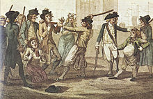 A caricature of men being arrested for British military service by a press gang. In the center middle ground is an agent with a bat raised to hit his recruits, behind him is an alarmed woman; immediately to the left are two standing men in tattered lower class dress, and another kneeling and pleading; to the far left foreground two gentlemen look on; to the right is an agent with sword, another with a bat over his shoulder, and between them a man half their height with a distended belly calmly questioning his detention.