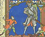 Goliath wearing greaves (Morgan Bible, mid-13th century)