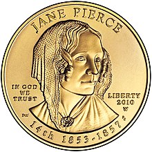 Gold coin with face of Jane Pierce on one side