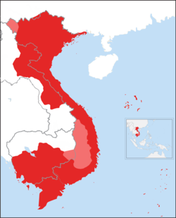 Vietnam at its greatest extent (1834–1841) under the latter reign of Emperor Minh Mạng, including Cambodia (direct rule) and other polities under Vietnamese sphere of influence (light red).