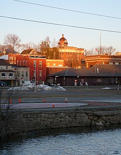 The Little Black River in foreground, then the old depot, then a bit of the downtown, and the Taylor County Courthouse at top middle.